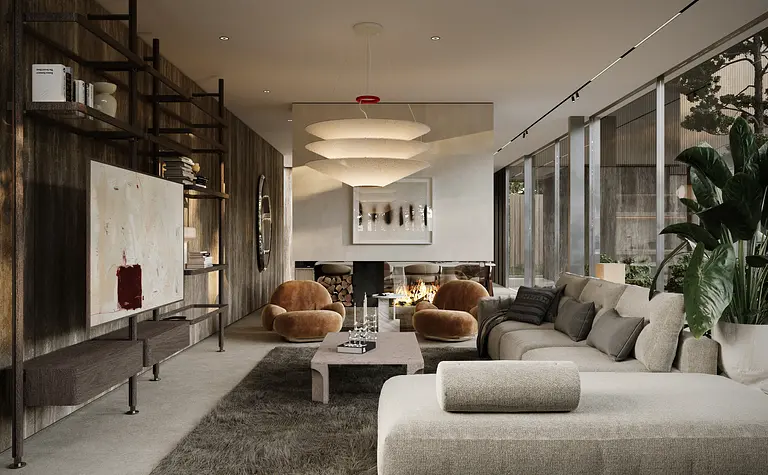 Wnętrze salonu w stylu eklektycznym, minimaluxe i nowoczesnym z brązowymi akcentami.