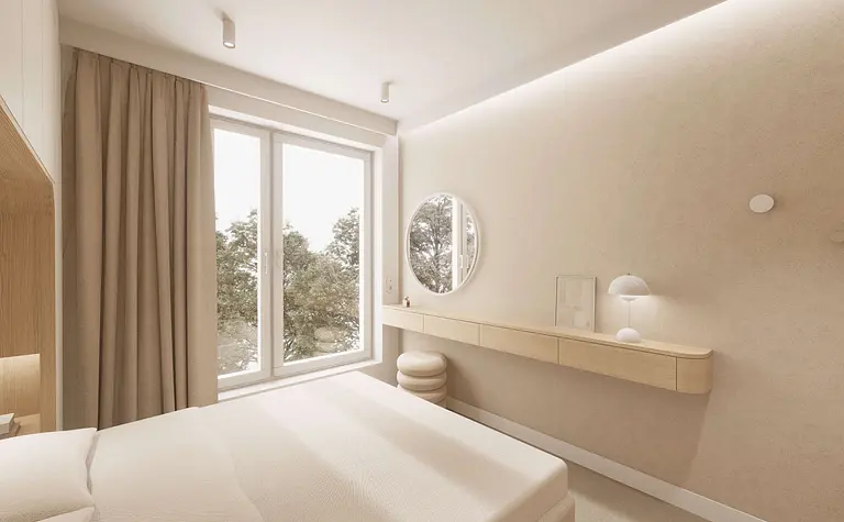 Wnętrze sypialni w stylu japandi z minimalizmem, nowoczesnymi meblami i quiet luxury.