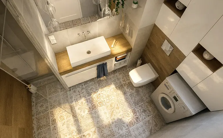 Wnętrze łazienki z drewnianą umywalką, pralką i indywidualnym stylem boho, skandynawskim oraz minimalistycznym.