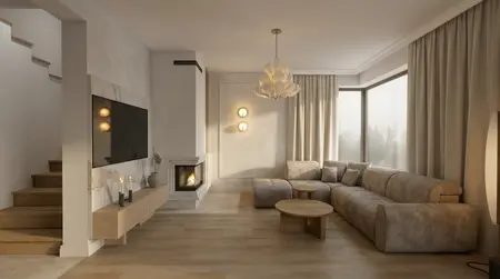 Przytulny salon w stylu japandi z beżową sofą i drewnianymi akcentami.