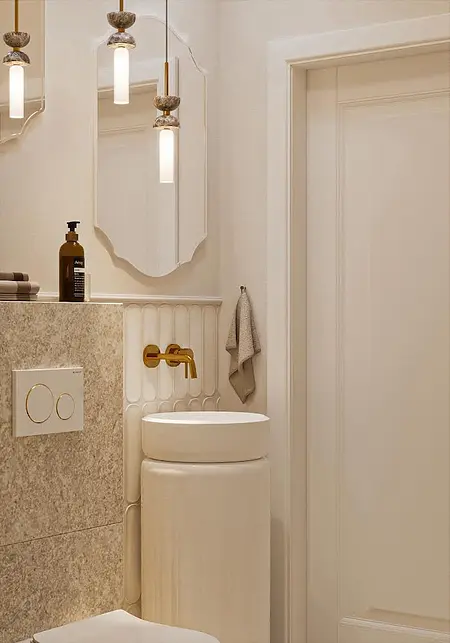 Elegancka łazienka w stylu art deco i eklektycznym z białymi meblami.