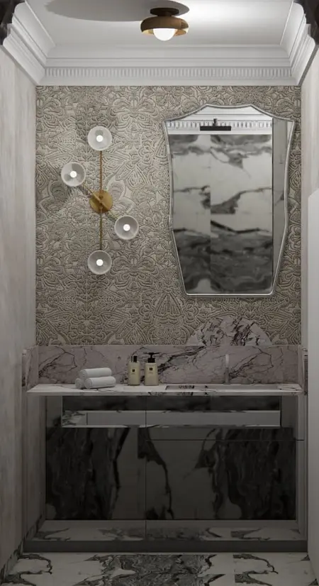 Mała łazienka z marmurową umywalką, art deco, glamour, japandi, minimaluxe, quiet luxury.