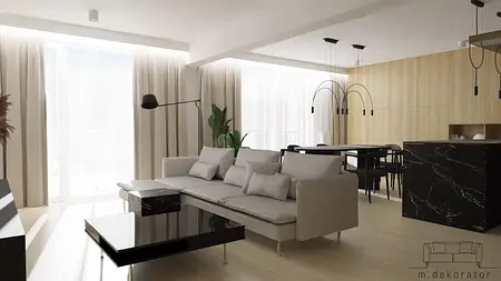 Wnętrze salonu z minimalistycznym i nowoczesnym designem, jasne meble i ciemne akcenty.