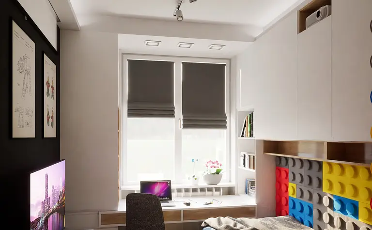 Pokój dziecięcy z biurkiem, łóżkiem i eklektycznymi detalami.