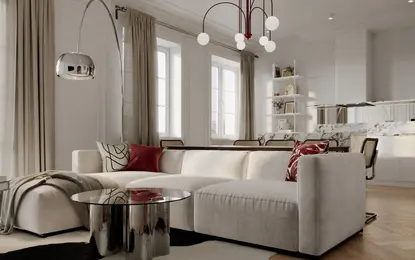 Wnętrze salonu w stylu art deco i minimalistycznym z jasną sofą i nowoczesnym oświetleniem.