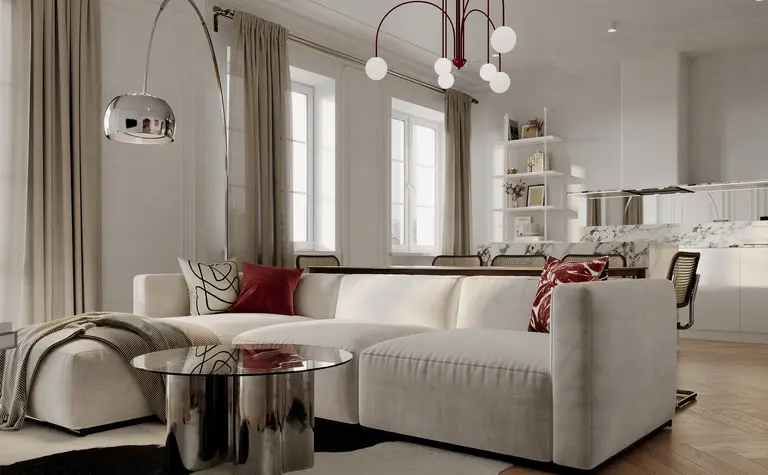 Wnętrze salonu w stylu art deco i minimalistycznym z jasną sofą i nowoczesnym oświetleniem.