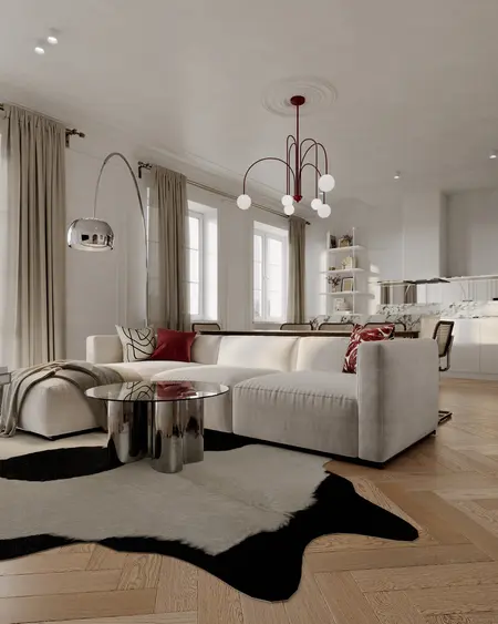 Wnętrze salonu w stylu art deco i minimalistycznym z jasną sofą i nowoczesnym oświetleniem.