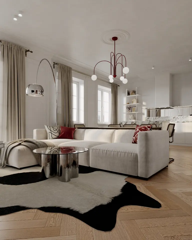 Wnętrze salonu w stylu art deco i minimalistycznym z jasną sofą i nowoczesnym oświetleniem.