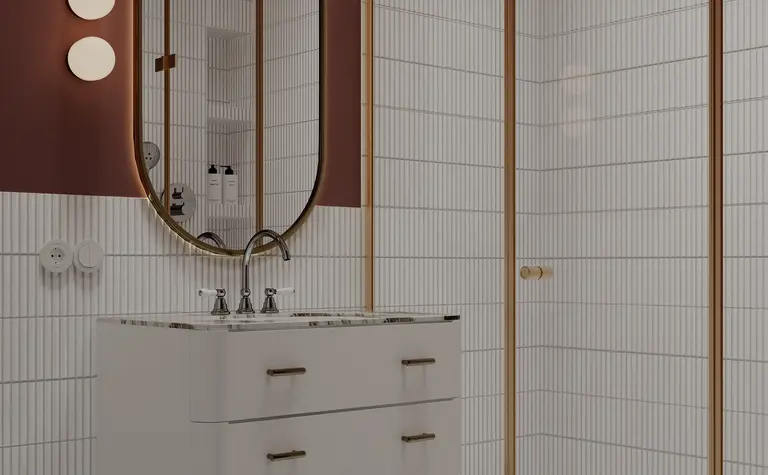 Nowoczesna łazienka w stylu minimalistycznym z vintage akcentami, złote detale.