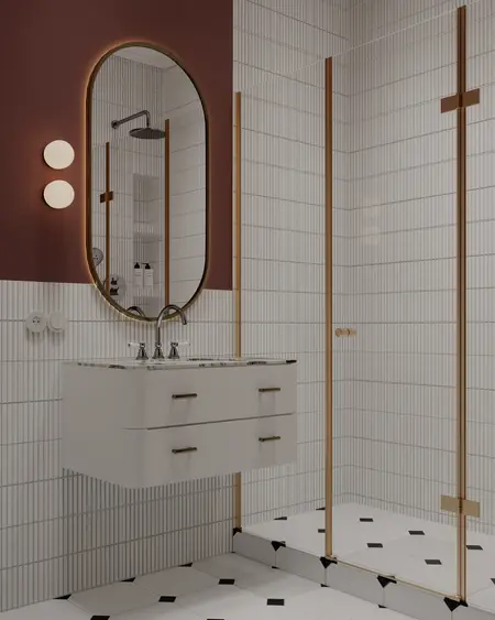 Nowoczesna łazienka w stylu minimalistycznym z vintage akcentami, złote detale.