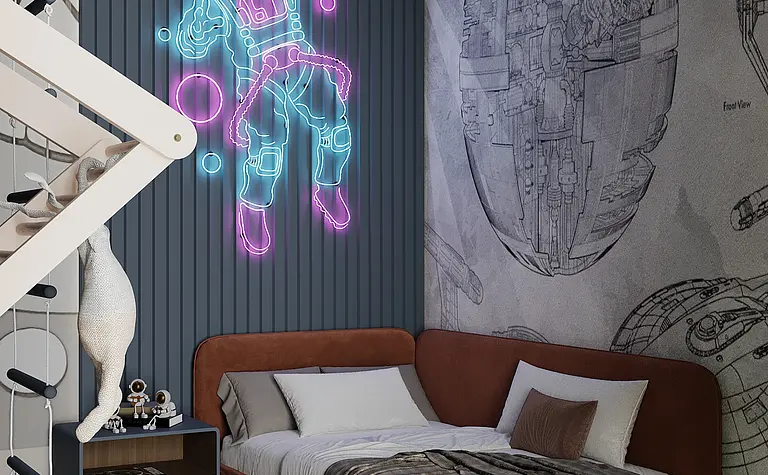 Pokój dziecięcy z muralem astronauty, elementy art deco, minimalistyczne i nowoczesne.