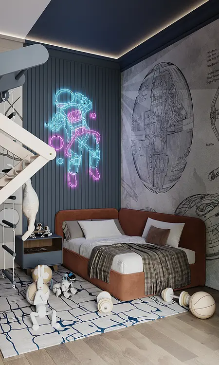 Pokój dziecięcy z muralem astronauty, elementy art deco, minimalistyczne i nowoczesne.