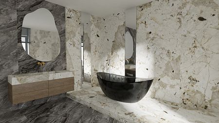 Wnętrze łazienki z marmurowymi ścianami i czarną wanną, nowoczesny projekt.