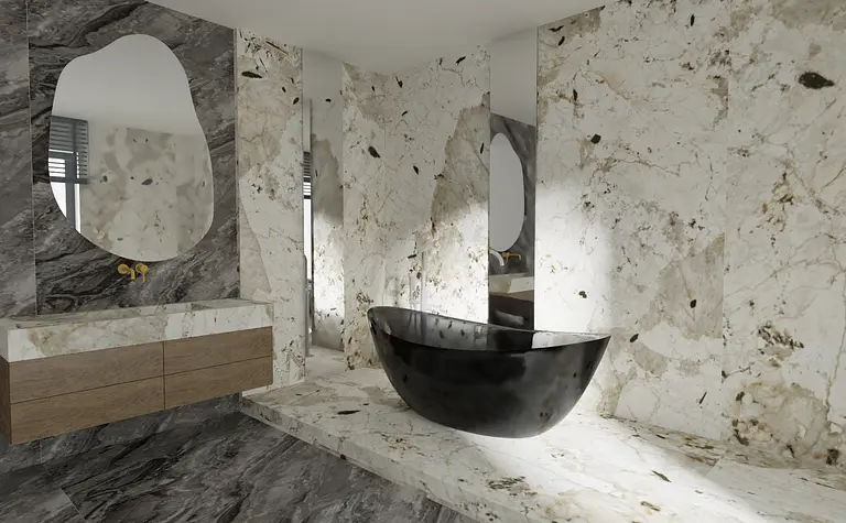 Wnętrze łazienki z marmurowymi ścianami i czarną wanną, nowoczesny projekt.