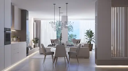 Wnętrze jadalni z białym stołem, szarymi krzesłami, roślinami, minimalistyczny design.