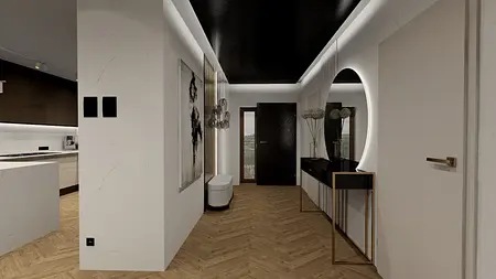 Przedpokój z elementami art deco, minimalistycznymi i nowoczesnymi, białe ściany, drewniana podłoga