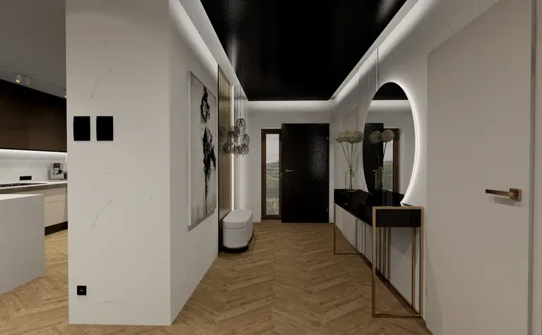 Przedpokój z elementami art deco, minimalistycznymi i nowoczesnymi, białe ściany, drewniana podłoga