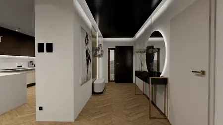Przedpokój z elementami art deco, minimalistycznymi i nowoczesnymi, białe ściany, drewniana podłoga