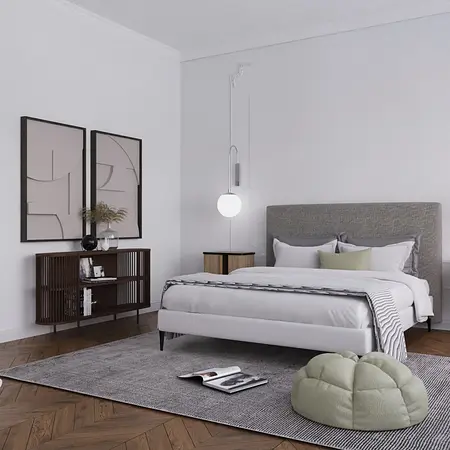 Sypialnia w stylu minimalistycznym z nowoczesnym łóżkiem i szarym dywanem, elementy vintage.