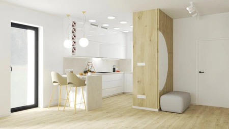 Nowoczesna kuchnia w stylu minimalistycznym z białymi meblami i drewnianymi detalami.