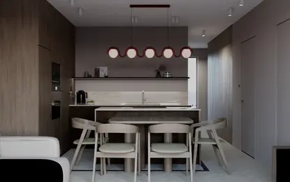 Wnętrze kuchni w stylu minimaluxe z drewnianymi meblami i nowoczesnym oświetleniem.