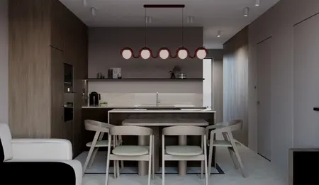 Wnętrze kuchni w stylu minimaluxe z drewnianymi meblami i nowoczesnym oświetleniem.