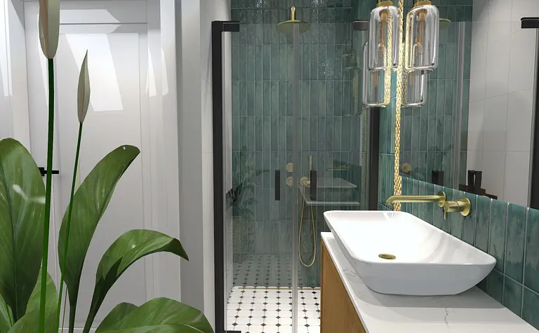 Wnętrze łazienki z zieloną ceramiką, białą umywalką i rośliną, styl quiet luxury.