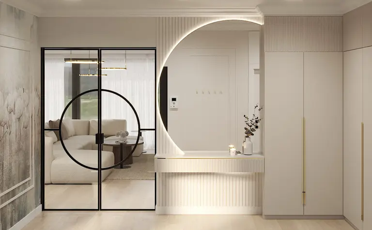Przedpokój z art deco i nowoczesnym designem, białe meble, drewniane akcenty.