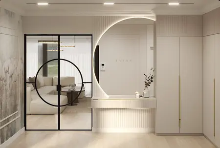 Przedpokój z art deco i nowoczesnym designem, białe meble, drewniane akcenty.