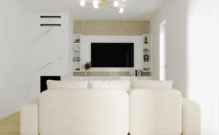 Wnętrze salonu w stylu minimalistycznym z beżową sofą i nowoczesnymi akcentami.