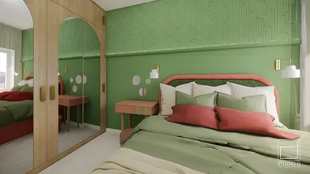 Sypialnia boho z zielonymi ścianami i różowymi akcentami w stylu japandi i soft minimalizm.