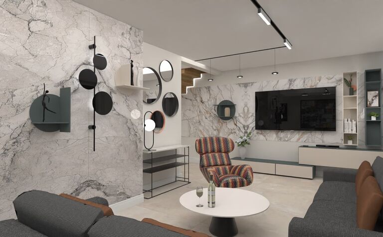 Nowoczesny salon z marmurowymi ścianami, kolorową sofą i stylowym oświetleniem. Dopamine decor, industrialny, japandi.