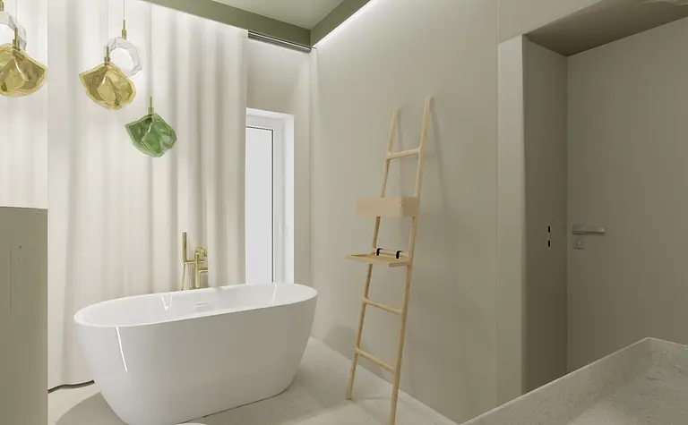 Wnętrze łazienki z białą wanną, złotymi lampami i minimalistycznym designem boho oraz japandi.