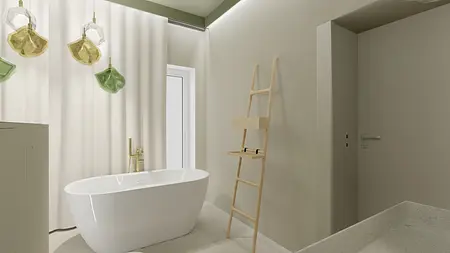Wnętrze łazienki z białą wanną, złotymi lampami i minimalistycznym designem boho oraz japandi.