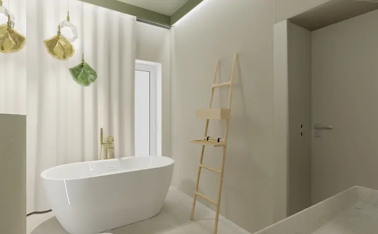 Wnętrze łazienki z białą wanną, złotymi lampami i minimalistycznym designem boho oraz japandi.