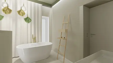 Wnętrze łazienki z białą wanną, złotymi lampami i minimalistycznym designem boho oraz japandi.