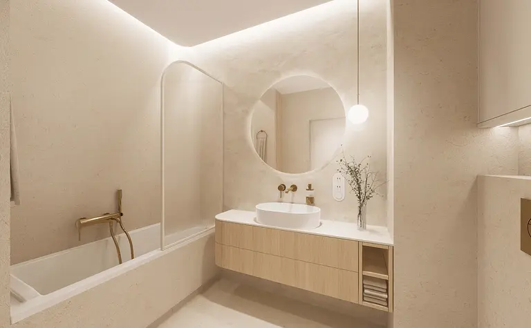 Nowoczesna łazienka w stylu japandi z minimalistycznymi detalami, quiet luxury.