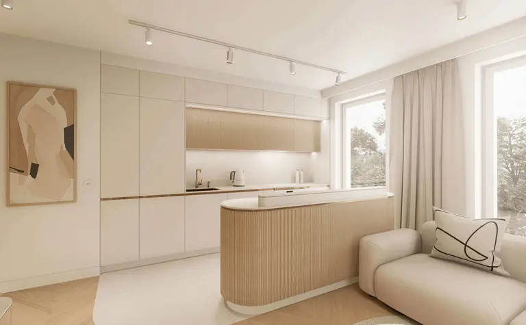 Kuchnia w stylu japandi z minimalistycznym wykończeniem i nowoczesnymi detalami.