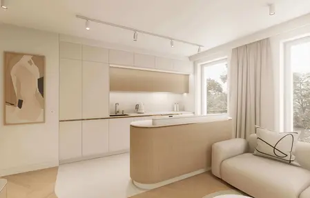 Kuchnia w stylu japandi z minimalistycznym wykończeniem i nowoczesnymi detalami.