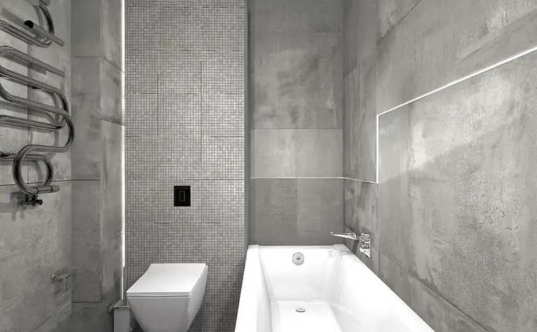 Nowoczesna łazienka z szarymi płytkami, wanną i akcesoriami w stylu dopamine decor, industrialnym i minimalistycznym.