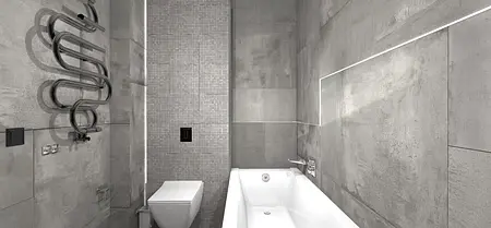 Nowoczesna łazienka z szarymi płytkami, wanną i akcesoriami w stylu dopamine decor, industrialnym i minimalistycznym.