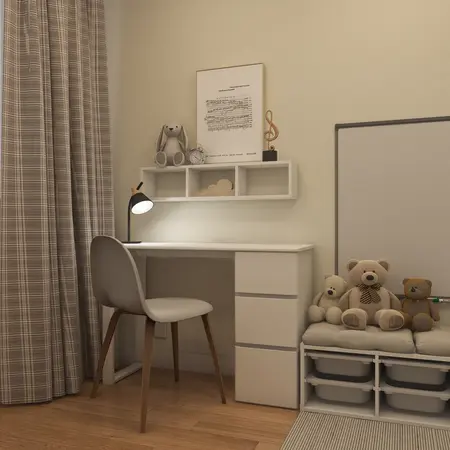 Pokój dziecięcy z białym biurkiem, pluszakami i zasłonami w stylu skandynawskim.