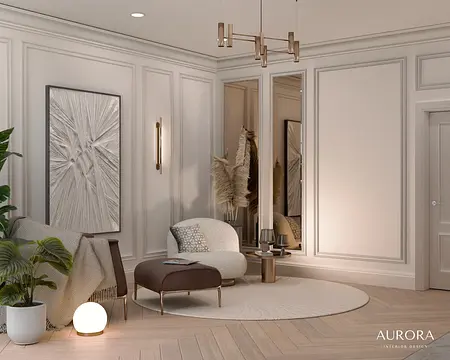 Wnętrze salonu w stylu minimaluxe z jasnymi meblami, roślinami i eleganckim oświetleniem.