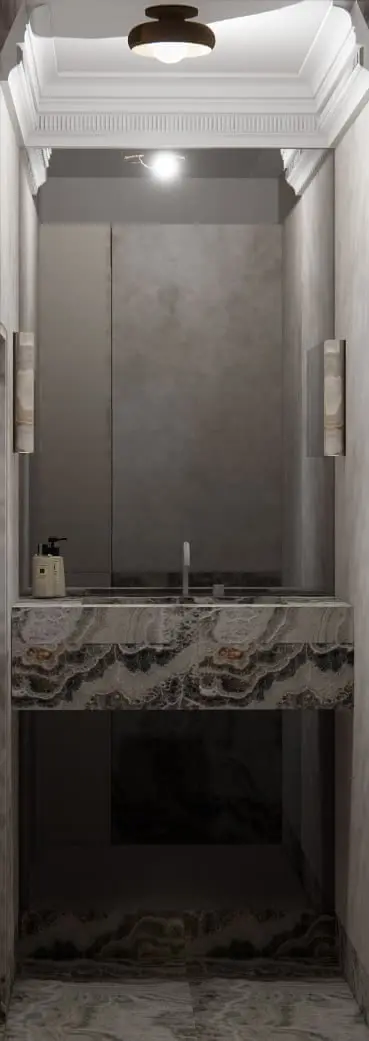 Wnętrze łazienki z marmurowym blatem, oświetleniem, w stylach art deco, glamour, nowoczesny.