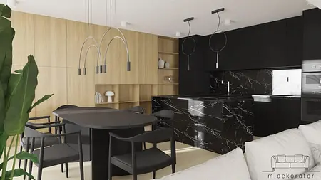 Wnętrze kuchni z czarnymi meblami, drewnianymi akcentami i minimalistycznym stylem