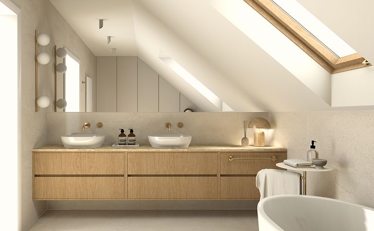 Wnętrze łazienki w stylu japandi i skandynawskim z drewnianymi akcentami.