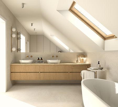 Wnętrze łazienki w stylu japandi i skandynawskim z drewnianymi akcentami.