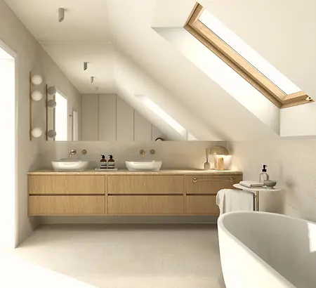 Wnętrze łazienki w stylu japandi i skandynawskim z drewnianymi akcentami.