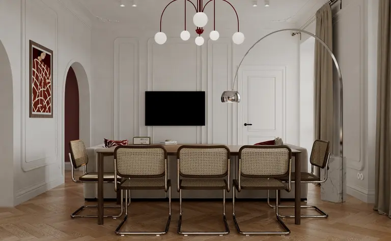 Nowoczesny salon z brązowym stołem, beżowymi krzesłami i elementami art deco.