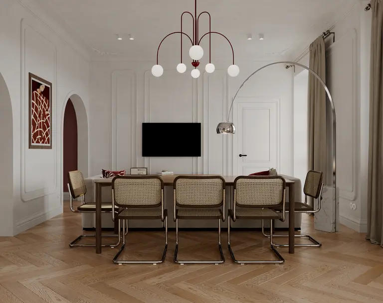 Nowoczesny salon z brązowym stołem, beżowymi krzesłami i elementami art deco.